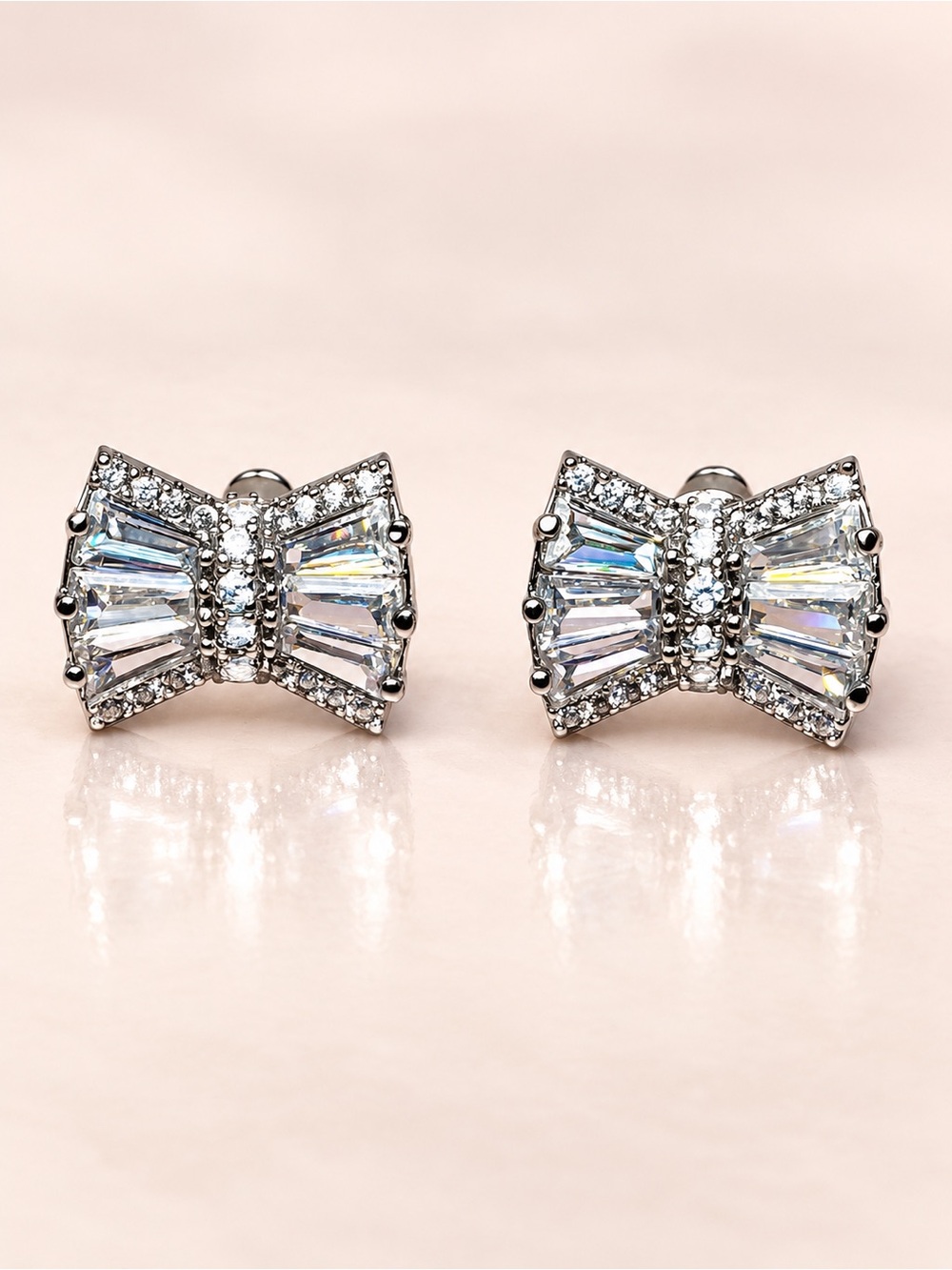 Baguette CZ Bow Silver Filled Stud Earrings Sparkly Dainty Cute Ribbon